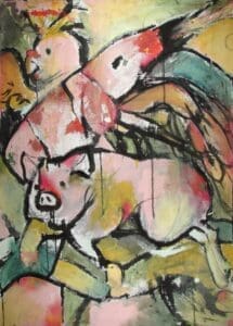 Colorful abstract painting of dogs, featuring vibrant brushstrokes and bold lines.