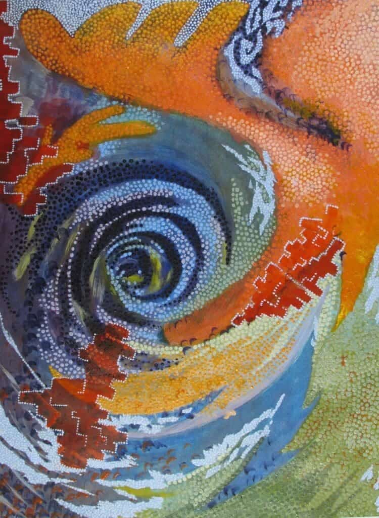 Vibrant abstract dot painting with swirling patterns and colorful textures at Albuquerque Academy.