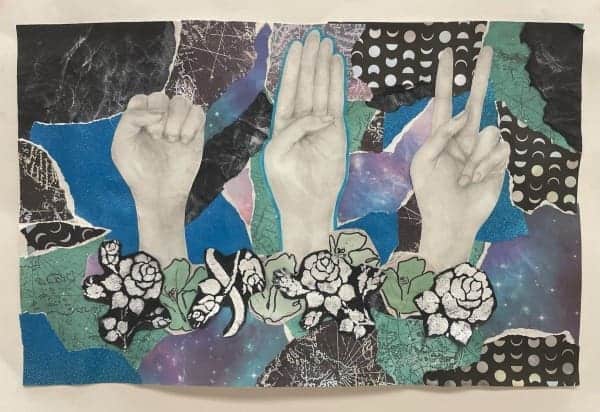 Colorful collage artwork of three hands making different gestures, inspired by Albuquerque Academy.