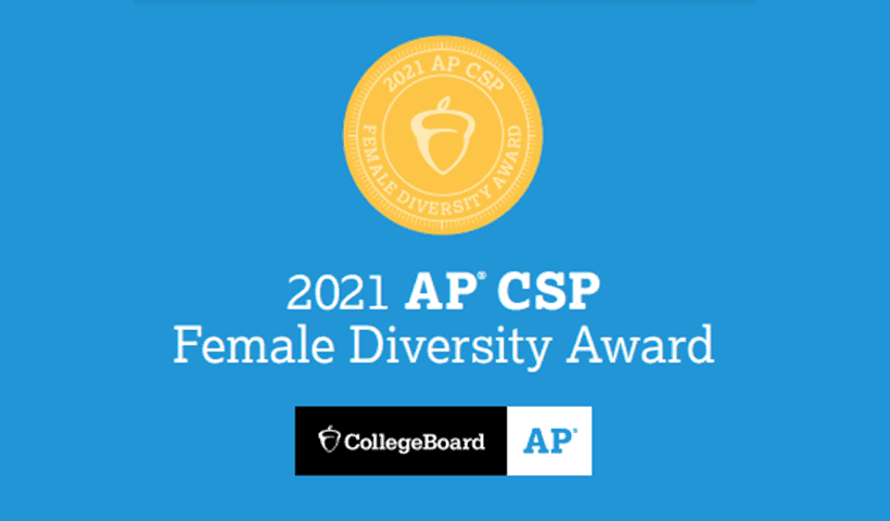 Diverse female students at Albuquerque Academy celebrating AP CSP Female Diversity Award.