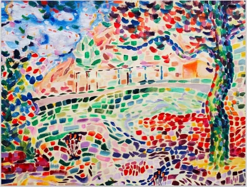 Colorful abstract painting of Albuquerque Academy campus and landscape imagery.