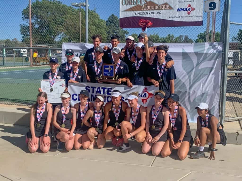 Albuquerque Academy tennis team wins state championship, team trophy, medals, outdoor court.