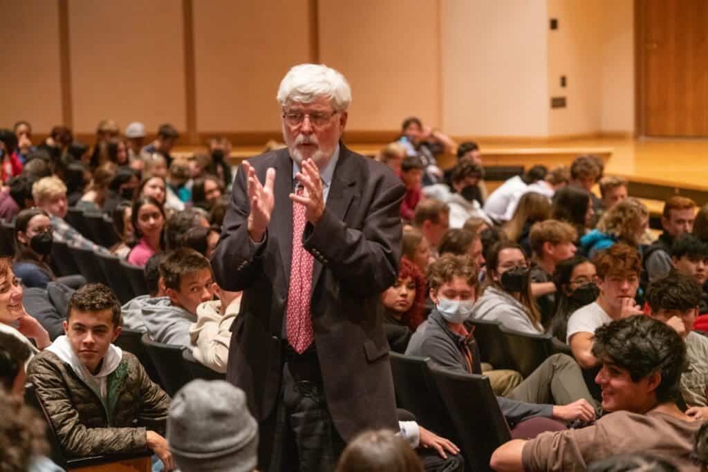 Interactive lecture at Albuquerque Academy with engaged students and faculty.