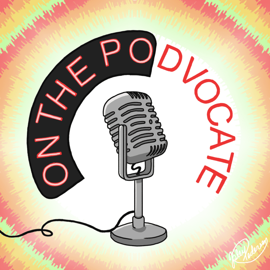 Podcast microphone with colorful rainbow background, Albuquerque Academy event.