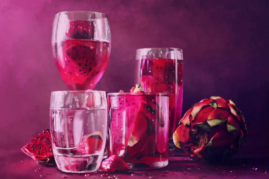 Colorful dragon fruit and water glasses on vibrant pink background.