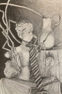 Detailed black-and-white sketch from Albuquerque Academy.