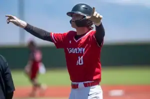 Baseball player signaling on field.