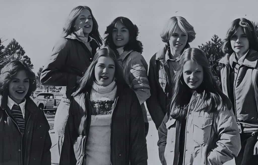 Young female students smiling, dressed casually, with trees in background.