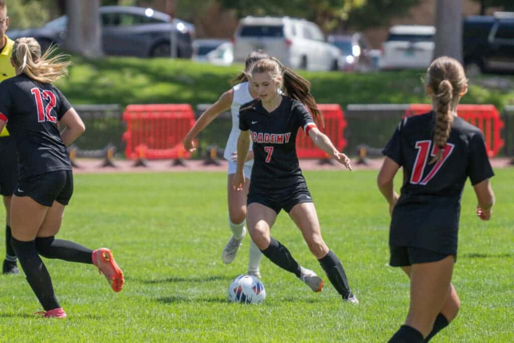 - Girls soccer match at Albuquerque Academy outdoor field in New Mexico.