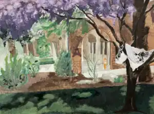 Albuquerque Academy campus surrounded by lush trees and greenery, watercolor style.