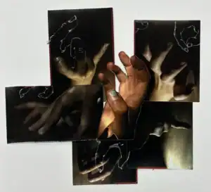 Hand-stitched mixed media artwork emphasizing hand gestures and embroidery, featured at Albuquerque Academy.
