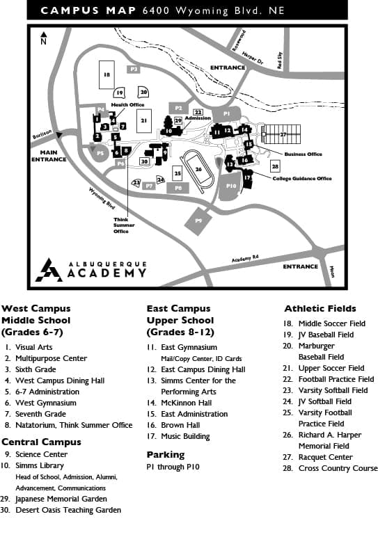 Albuquerque Academy campus map showcasing West Campus, East Campus, athletic fields, and parking facilities.