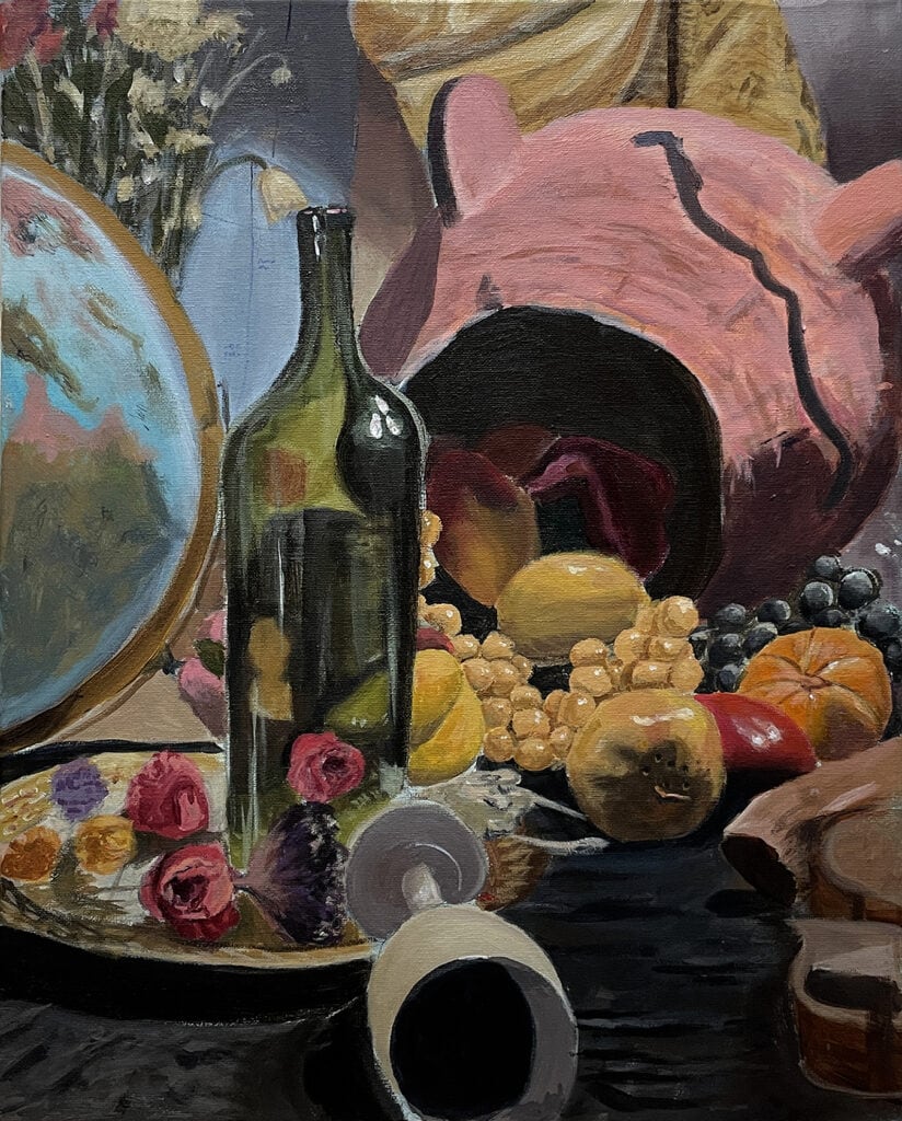 Vibrant still life painting featuring a wine bottle, fruits, and decorative objects.