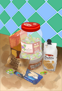 Colorful jars of fruit jelly and chocolate cookies on a table with a tile background.