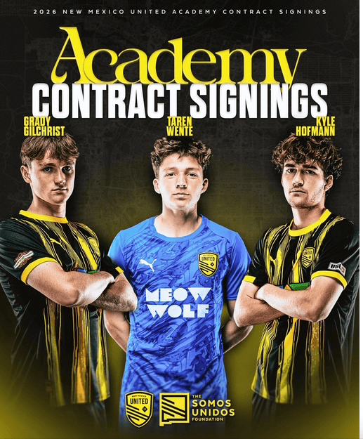 Albuquerque Academy students signing USL Academy contracts with New Mexico United players.