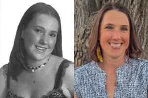 Albuquerque Academy student portrait, smiling woman outdoors, educational environment.