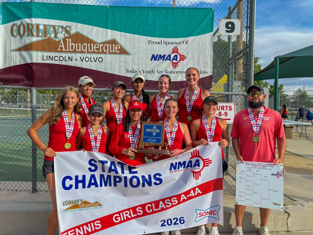 Albuquerque Academy girls tennis team celebrating A-4A state championship victory in 2026.