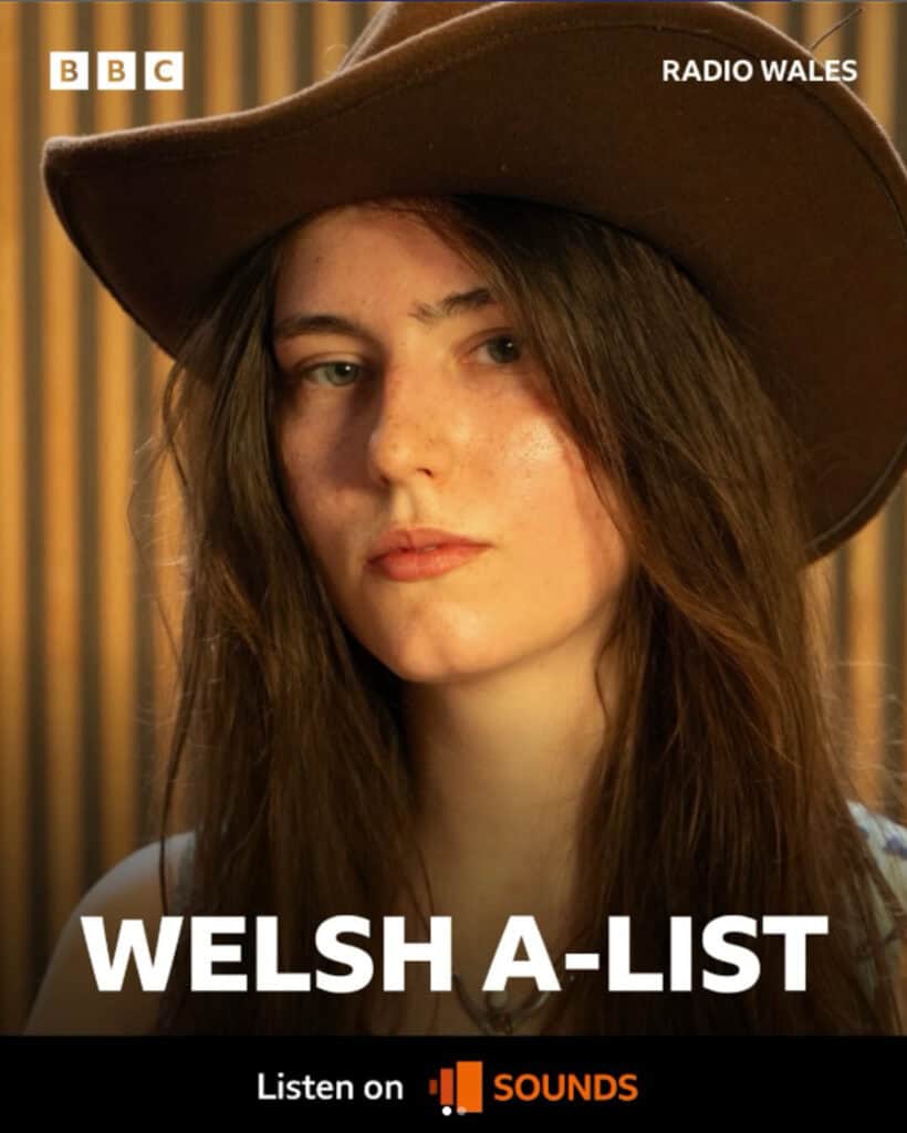 A young woman with long brown hair wearing a wide-brimmed hat, indoors.