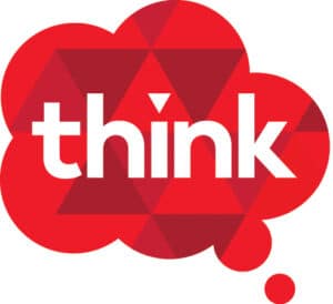 Red geometric thought bubble with think text