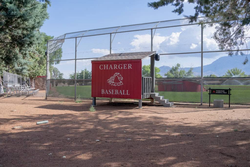Baseball field with Charger sign at Albuquerque Academy in New Mexico.