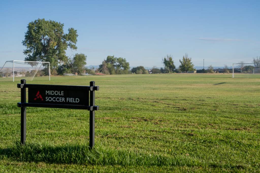 Albuquerque Academy Middle Soccer Field with goalposts and green grass.